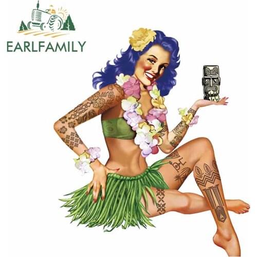 EARLFAMILY 13cm x 15.3cm for Hula Girl with Wreath Holding Wine Glass Car Stickers Refrigerator Decal Decoration Car Assessoires