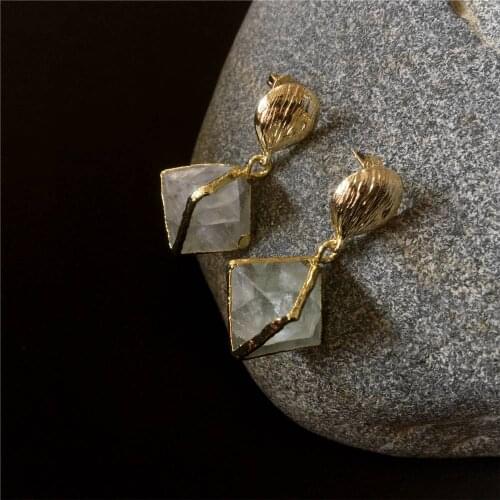 FUWO Wholesale Fluorite Drop Earrings,Gold Tone Gems Stone Pyramid Dangle Earring Jewelry For Women ER054