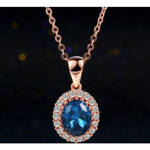 Top Quality Big Ocean Blue Cubic Zirconia Rose Gold Color Chain Pendant Necklace Engagement Jewelry for Women Xmas Gift N288