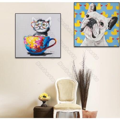 Animals Canvas Painting Poster and Print Cat Holding Cup Kawaii Dog with Little Yellow Duck for Home Rooms Gallery Wall Decorati