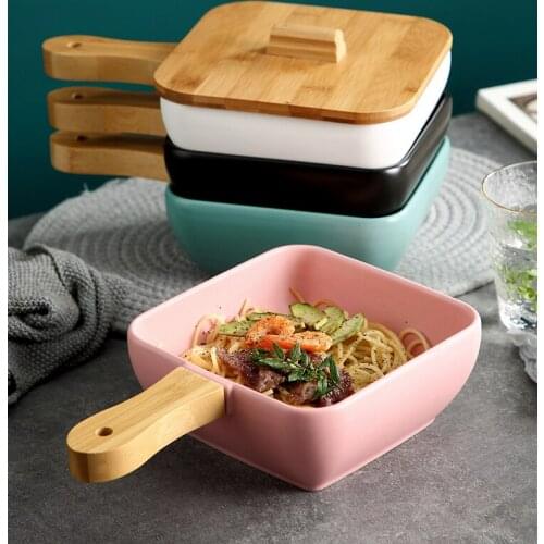 Creative wooden handle ceramic dish with wooden cover Nordic modern kitchen supplies large capacity deep dish fruit salad plate