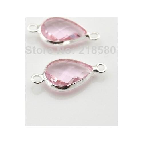 MBC0004 Faceted Light Pink Crystal Bezel Connector Water Drop Pendant Gold or Silver Bezel Charm 13mmx18mm