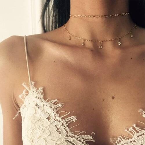 Multi Layer Gold Color Crystal Chain Necklaces For Women Chocker Necklace Simple Chokers Jewelry Collier Femme collar