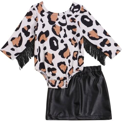 Fashion Girls Casual Two-piece Clothes Set Black Solid Color Skirt and Leopard Printed Pattern Romper with Tassels