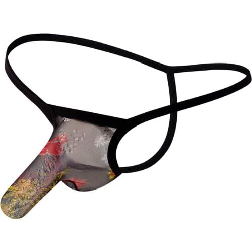 Mens Underwear Thongs Sexy Male T-Back Gay Mens Bikini Super Soft Brief Bohemia Style Printed Underpants See Through Panties