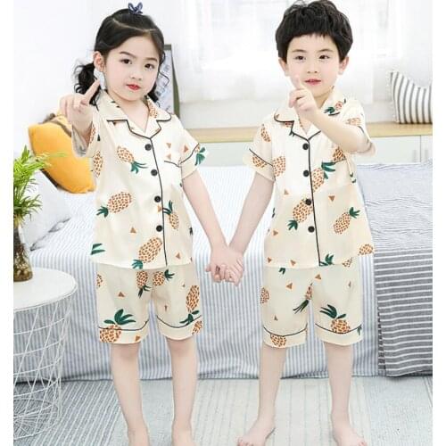 New Children Pajamas Set Silk Short Sleeve Kids Cardigan Suit Summer Cartoon Unisex Sleepwear Casual Boy Lounge Girls Tracksuit