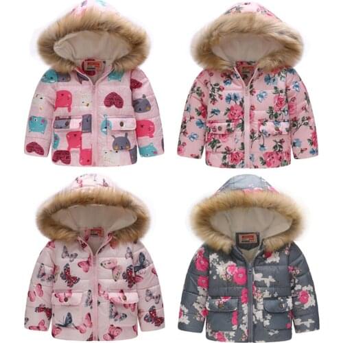 2020 Autumn Winter Girls Infant Jacket Cartoon Print Coat Outerwear Girls Fur Collar Warm Children Clothing For 2-6 Years