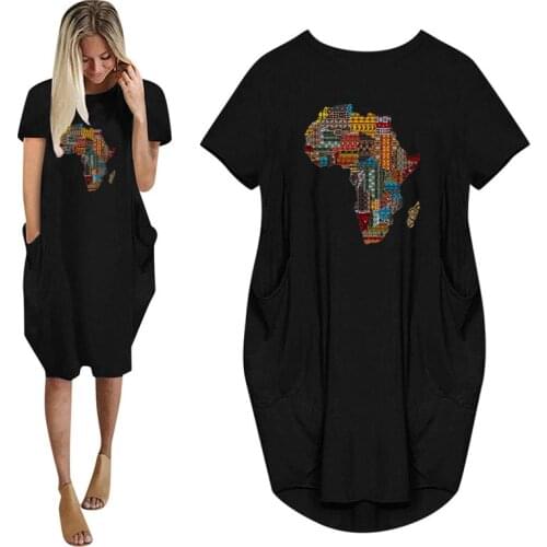 Africa Map Graphic Print Women Summer Casual Loose Dress With Pocket Ladies Fashion O Neck Long Tops Female T Shirt Dress