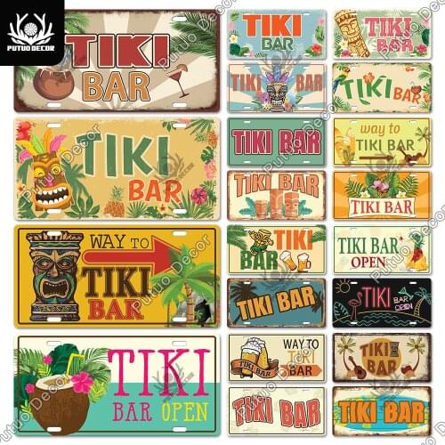 Putuo Decor TIKI Bar Vintage License Plate Metal Sign Tin Sign Plaque Metal for Bar Pub Wall Decoration Beach Metal Tin Plate
