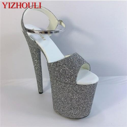 8 inch sandals, grey sequins and soles for parties and nightclubs, 20 cm high heel models, pole dancing shoes