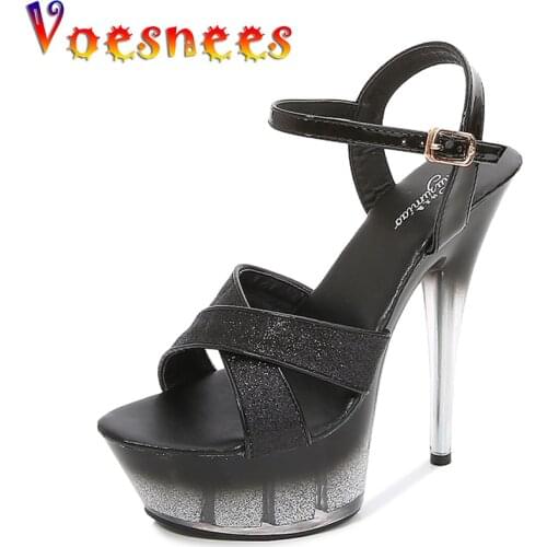 Voesnees Artifact Model High Heels Thin Sexy Summer New Black Waterproof Platform Shine 15cm Sandals Female Shoes Wedding Bride