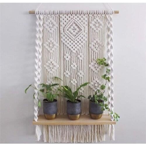 Nordic Hand-Woven Macrame Wall Hanging Rope Shelf Indoor Plant Rack Stand Bohemian Macrame Tapestry Home Decor Ornament