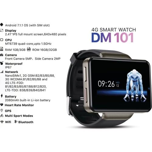 DM101 2.41 inch Touch Screen Smartwatch Android 7.1 3GB 32GB Smart Watch 4G BT4.0 Sports Watch Dual Camera Watch update of DM100