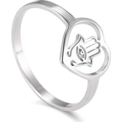 Teamer Hamesh Hamsa Hand Evil Eye Heart Ring Stainless Steel Casual Engagement Jewish Amulet Finger Rings Jewelry Gift Women