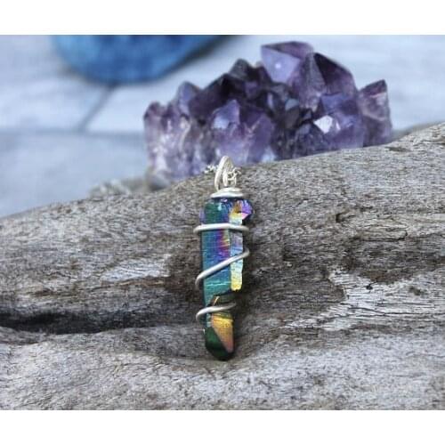 Titanium Quartz Crystal Point Wire Wrapped Stone Pendant Bohemian Necklace