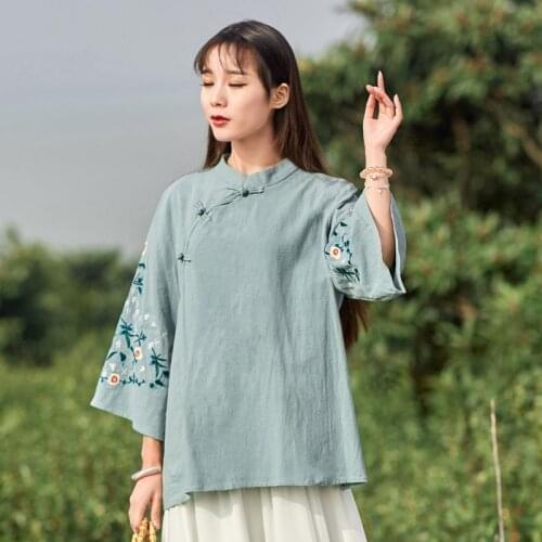 Traditional Women Chinese Style Cotton Linen Top Shirt Blouses 2021 Vintage Retro Ethnic Fairy Embroidery Casual Hanfu 11547