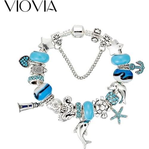 VIOVIA Fashion Dolphin Charm Bracelet for Women Blue Murano Glass Beads Starfish Fit Original Bracelets DIY Jewelry Gift B17009