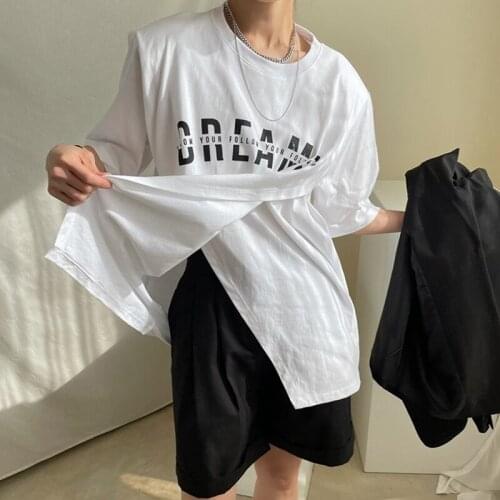 2021 Korean Chic Versatile Small Round Neck Loose Set Head Letter Printing Irregular Split Design Short Sleeve T-shirt for Women