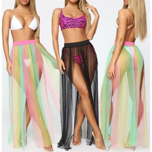 Women Swimwear Bikini Cover Ups Mesh Sheer See Through Beachwear High Waist Split Wrap Long Maxi Skirt Sarong Pareo Dress Beach