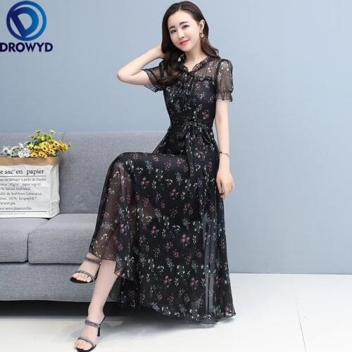2021 Summer New Women Temperament Waist Slim Black Floral Long Dress Red Elegant Ladies Short Sleeve Dresses Party Vestidos