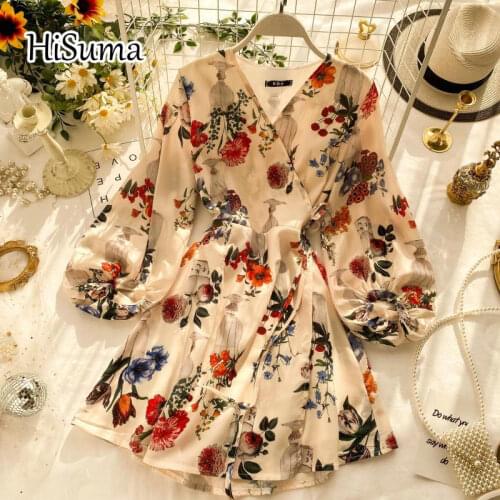 2021 spring new female chic V collar flower printing lantern sleeve chiffon dress women elegant lace-up A-line dresses