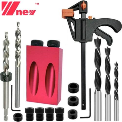 15 Degress Oblique Hole Locator Drill Guide Set Pocket Hole Jig Kit Drill Guide Set Puncher Locator with Hole Locator Fittings