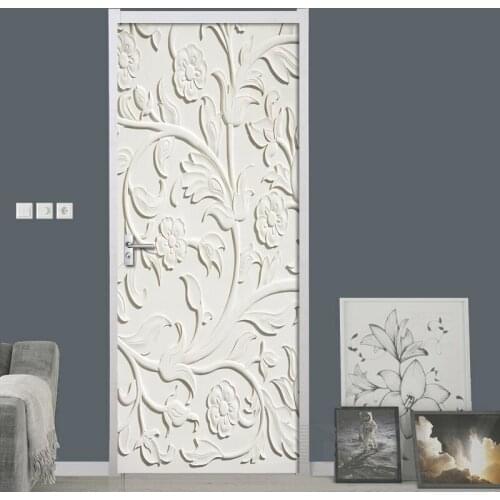 2 Pcs/Set 3DWhite Embossed Flowers Stickers Door Wall Sticker DIY Mural Bedroom Home Decor Poster PVC Waterproof Door Sticker