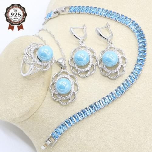 Blue Pearl Silver Color Jewelry Set for Women With Light Blue Bracelet Earrings Necklace Pendant Ring Gift Box