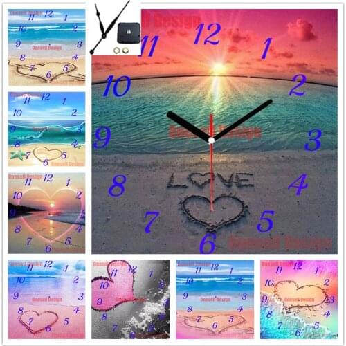Diy diamond painting 5d with clock beach heart diamond art kit clock 5d diamond mosaic sale beach heart decor home wall sticker
