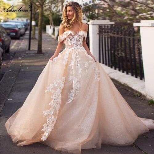 Alonlivn Illusion Neck And Back Beauty 3D Floral Prints Chic Lace Wedding Dresses A-Line Champaghe Color Bride Skirts