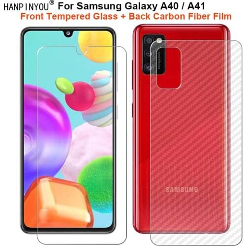 For Samsung Galaxy A40 / A41 1 Set = Soft Back Carbon Fiber Film + Ultra Thin Premium Tempered Glass Front Screen Protector