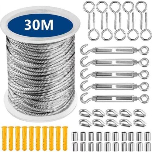 30/25M Stainless steel Durable Coated Flexible Wire Rope Soft Cable Clothesline Kit Outdoor String Light Hanging Suspension Kit