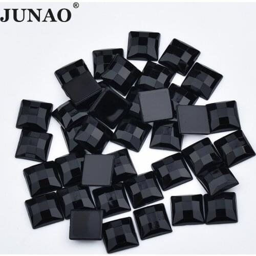 JUNAO 8 10 12 14 16 mm Black Square Rhinestones Acrylic Flat Back Gems Non Sewing Crystal Applique Facet Stones for Crafts Decor