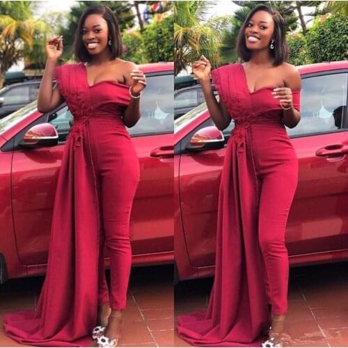 Red prom dresses 2021 one shoulder pleats jumpsuit long panty long evening dresses satin long formal dress