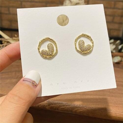Zeojrlly Round Metal Women Classic Stud Earrings Love Zircon Earrings Korean Fashion Earrings Simple Jewelry For Girl
