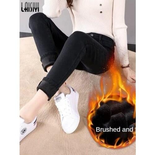 2021 Winter New Womens Jeans Plus Velvet Super Stretch Pants Sexy Solid Color Warm Womens Casual Plus Size High Waist Jeans