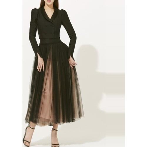 New Arrival Black Double-breasted short jacket +Double-layer Mesh Skirt Skirt Suit 201016X01