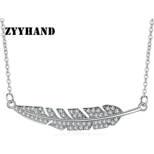 Platinum-Plated Clean Stone Feather Pendant Necklace Girl Romantic AAA Zircon Cute Wedding Cross Chain Neck Jewelry