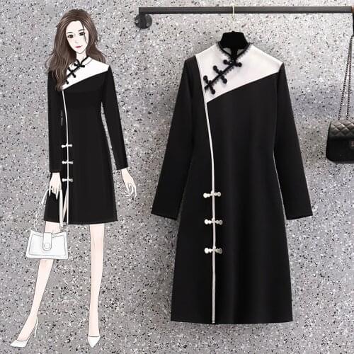 EHQAXIN 2021 Autumn Womens Dresses New Stand Collar Loose Elegant Button Long Sleeve Cheongsam Dress Ladies Ethnic Style M-5XL