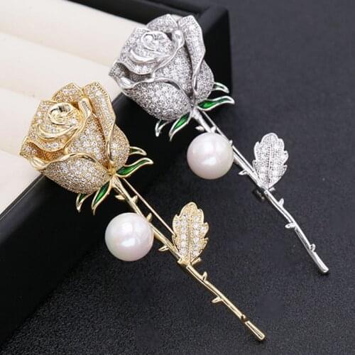 Gold-Plated Romantic Rose Flower Corsage Wedding Bridal Suit Brooches Pins Sweet Pearl Flowers Brooch Jewelry With CZ Stone