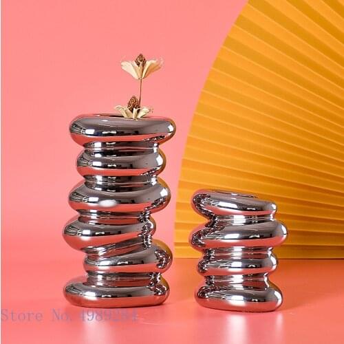 Silver ceramic vase cobblestone geometry abstract Flower Arrangement Hydroponics Cosmetic brush storage rack Home Decoration