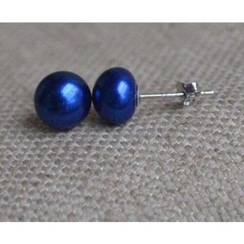 New Perfect Pearl Earrings,6-7mm Blue Color Freshwater Pearl Stud Earrings 925 Silver Jewelry