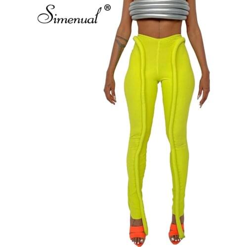 Simenual Neon Green Ribbed Fitness Women Leggings Fashion Streetwear Mid Waist 2021 Fall Pants Sporty Workout Leggins Casual Hot