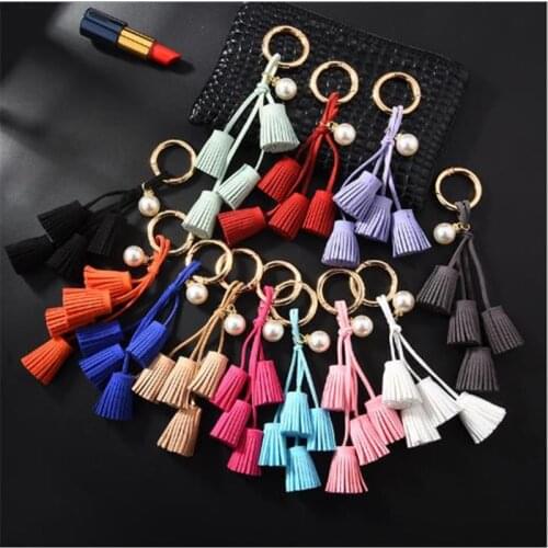 Sitaicery Gold Leather Pearl Tassel Keychain For Women Bag Charm Key Ring Valentines Day Gift Key Holder Jewelry Wholesale