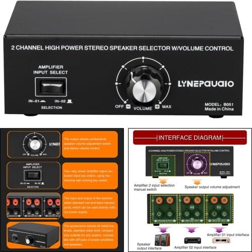 2 in 1 Out Speaker Splitter Selector Switch Box Volume Control Amplifier Up to 200W Per Channel Speakers for Home Theater Audio