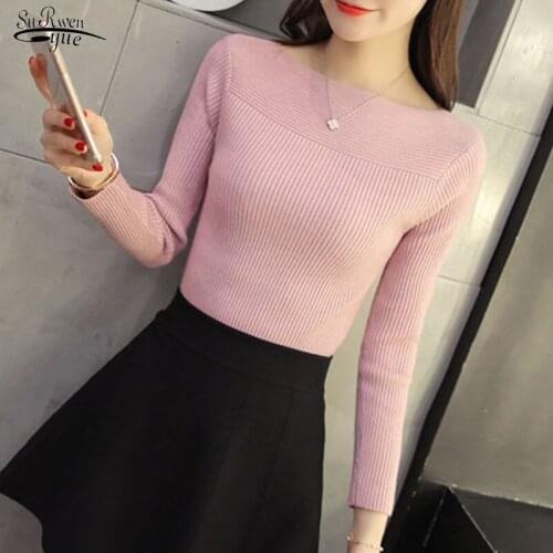 2021 All-match Long Sleeved Shirt Autumn Winter Korean Women Collar Sweater Slim One-neck Female Thread Tight Pullover 7007 50