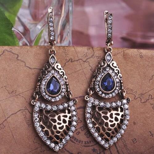 Blucome Vintage Turkey Style New Large Drop Long Earrings Resin Alloy Crystal Female Women Wedding Accessories Turkish Jewelry