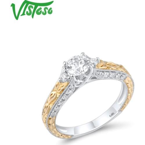VISTOSO Genuine 14K 585 Yellow Gold Diamond Rings For Women Sparkling Round White CZ Main Stone Engagement Luxury Fine Jewelry