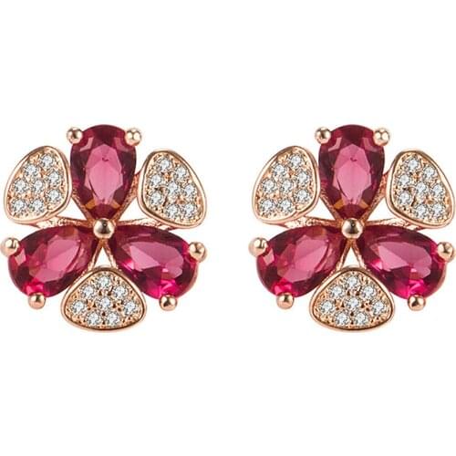 Fashion Chic Windmill Flower Red Crystal Ruby Gemstones Diamonds Womens Stud Earrings Rose Gold Color Jewelry Accessories 2021