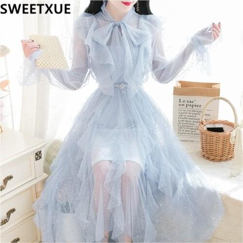 SWEETXUE 2021 Early Spring Sweet Fairy Irregular Mesh Sequins Bowknot Flared Sleeve Dress Two Piece Set Women